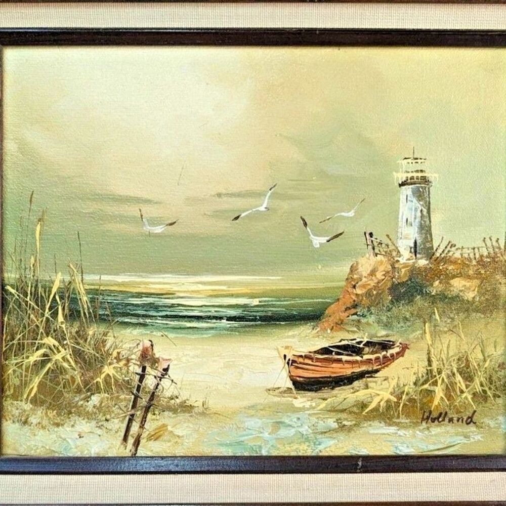 Lighthouse Painting Canvas, Beach Sea Coast MCM1960 Holland 14" Wood Frame